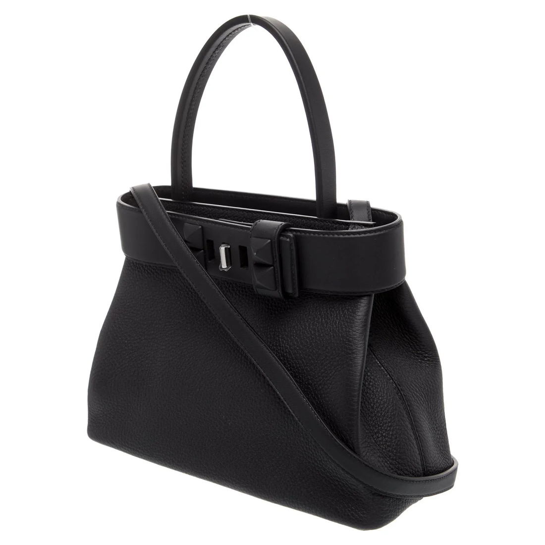 Solid Black Trapezoidal Top Handle Bag With Pyramid Stud Front Hardware, Pebbled Textured Body And Base Protective Metal Studs