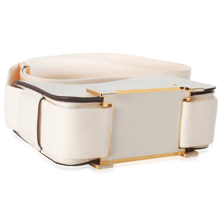 Cream White Compact Rectangular Flap Shoulder Bag With Wide Woven Fabric Strap And Bar-Shape Golden Front Clasp