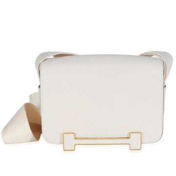Cream White Compact Rectangular Flap Shoulder Bag With Wide Woven Fabric Strap And Bar-Shape Golden Front Clasp